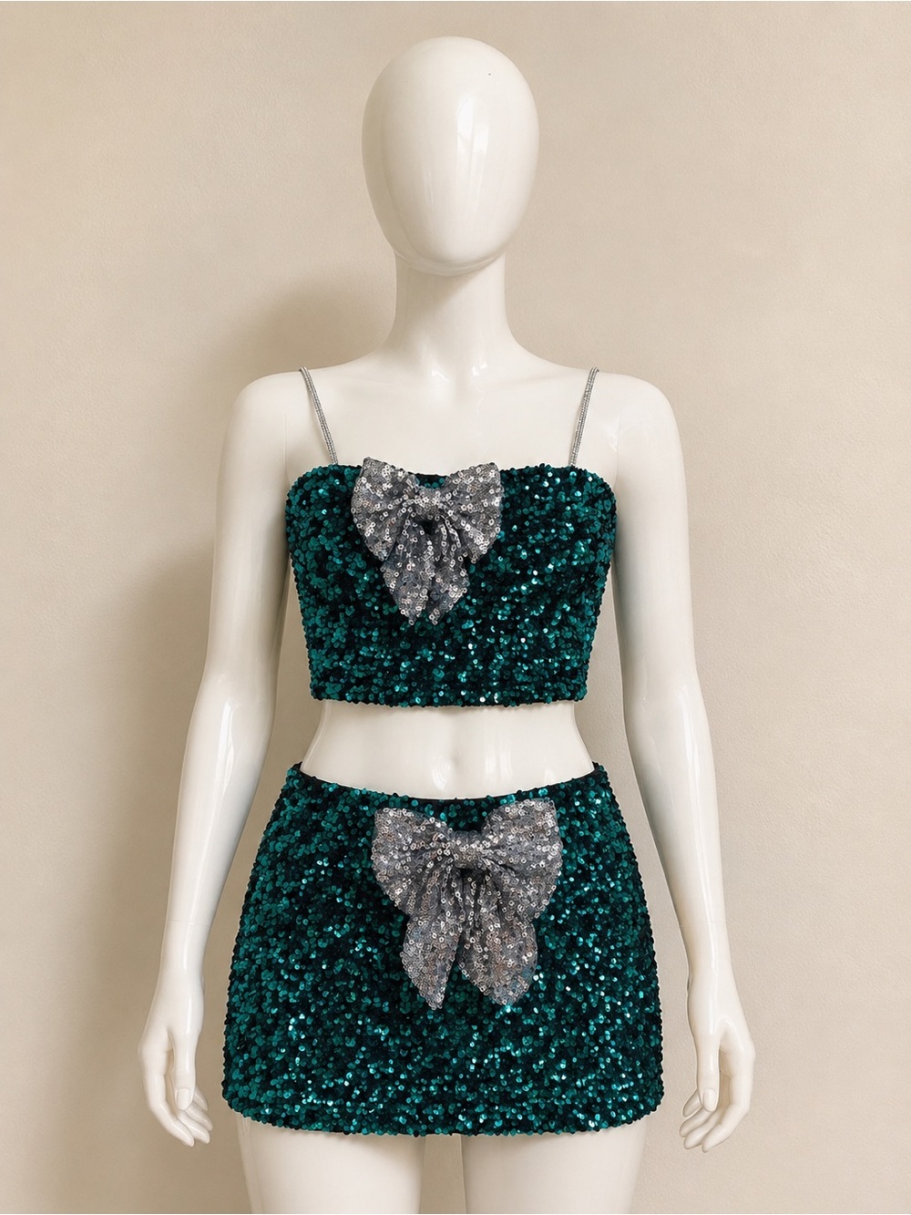 Love on a Hanger Green Sequin Two-Piece Party Set with Black Trim